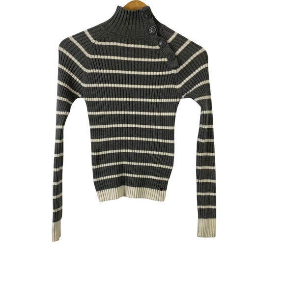 Tommy Sport Striped Winter sweater standing collar decorative buttons  S P - Picture 1 of 10